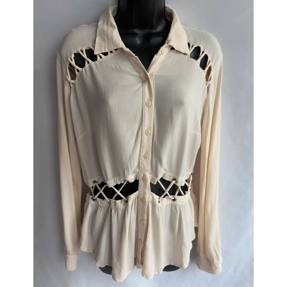 Mono B Cream Beige Cutout Shirt Blouse Long Sleeve Size L Lagenlook Minimalist - Picture 1 of 10